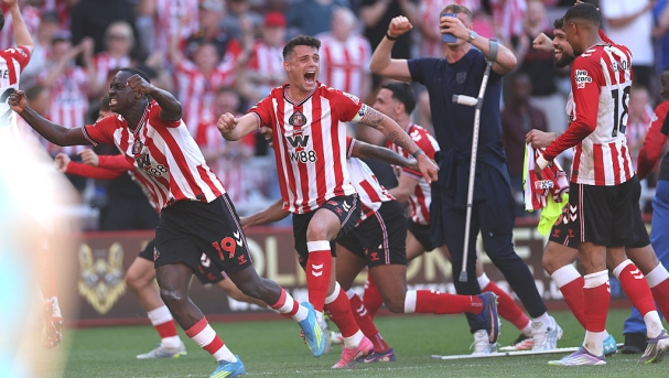   Granit Xhaka and team mates of Sunderland celebrate after Sunderland qualify for the Europa League after the Premier League match between Sunderland and Chelsea at Stadium of Light on May 24, 2026 in Sunderland, England. (Photo by Stu Forster/Getty Images)