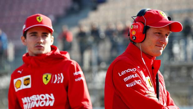MONTMELO, SPAIN - MARCH 01: Charles Leclerc of Monaco and Ferrari (L) and Chairman of Ferrari John Elkann look on from trackside during day four of F1 Winter Testing at Circuit de Catalunya on March 01, 2019 in Montmelo, Spain. (Photo by Mark Thompson/Getty Images)