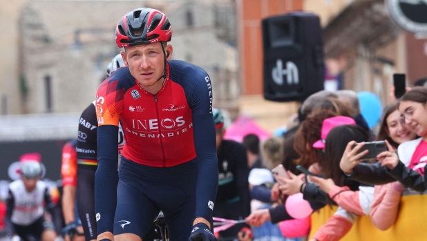 INEOS Grenadiers's British rider Tao Geoghegan Hart arrives prior to the fourth stage of the Giro d'Italia 2023 cycling race, 175 km between Venosa and Lago Laceno, on May 9, 2023. (Photo by Luca Bettini / AFP)