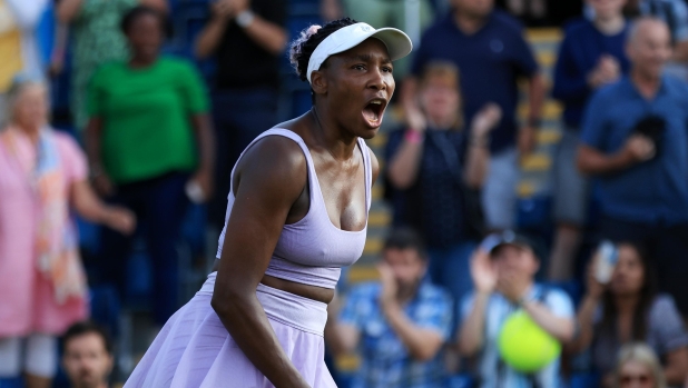 BIRMINGHAM, ENGLAND - JUNE 19: Venus Williams of United States celebrates winning match point against Camila Giorgi of Italy in the Women's First Round match during Day Three of the Rothesay Classic Birmingham at Edgbaston Priory Club on June 19, 2023 in Birmingham, England. (Photo by Stephen Pond/Getty Images for LTA)