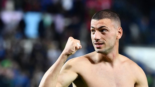 Atalanta's Turkish defender Merih Demiral reacts at the end of the Italian Serie A football match between Atalanta and Fiorentina on October 2, 2022 at the Atleti Azzurri d'Italia stadium in Bergamo. (Photo by Isabella BONOTTO / AFP)