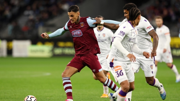 PERTH, AUSTRALIA - JULY 15: Gianluca Scamacca of West Ham controls the ball during the match between Perth Glory and West Ham United at Optus Stadium on July 15, 2023 in Perth, Australia. (Photo by Will Russell/Getty Images)