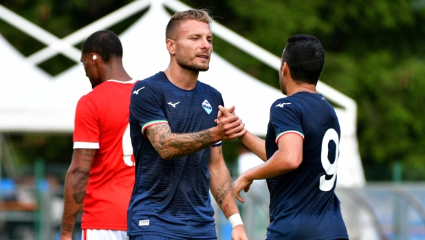 AURONZO DI CADORE, ITALY - JULY 23: Ciro Immobile of SS Lazio celebrates a second goal with his team mates during the friendly match between S.S. Lazio and Trisetina on July 23, 2023 in Auronzo di Cadore, Italy. (Photo by Marco Rosi - SS Lazio/Getty Images)