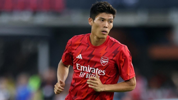 WASHINGTON, DC - JULY 19: Takehiro Tomiyasu #18 of Arsenal FC warms up prior to the MLS All-Star Game between Arsenal FC and MLS All-Stars at Audi Field on July 19, 2023 in Washington, DC.   Tim Nwachukwu/Getty Images/AFP (Photo by Tim Nwachukwu / GETTY IMAGES NORTH AMERICA / Getty Images via AFP)
