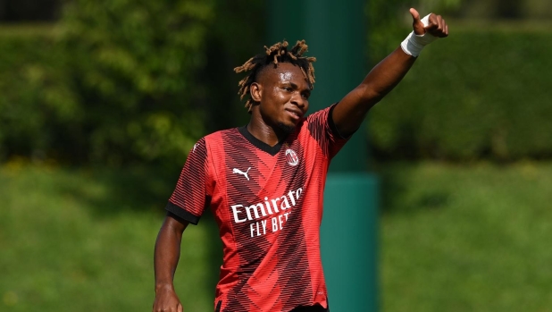 CAIRATE, ITALY - AUGUST 13:  Samuel Chukwueze of AC Milan reacts during the Pre- Season Friendly match between AC Milan and Novara at Milanello on August 13, 2023 in Cairate, Italy. (Photo by Claudio Villa/AC Milan via Getty Images)