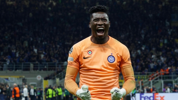 FC Inter Milan's goalkeeper AndrrÃ¨ Onana jubilates after the goal scored by FC Inter Milan's forward Lautaro MartÃ­nez during the UEFA Champions League semi-final second leg match between FC Inter Milan and AC Milan at Giuseppe Meazza Stadium in Milan, Italy, 16 May 2023. ANSA / ROBERTO BREGANI - ritorno semifinali Champions League Inter vs Milan 1-0