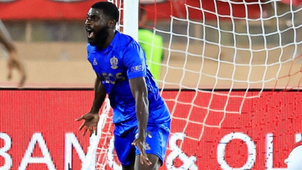 Nice's Ivorian forward #07 Jeremie Boga celebrates after scoring a goal during the French L1 football match between AS Monaco and OGC Nice at the Louis II Stadium in the Principality of Monaco on September 22, 2023. (Photo by Valery HACHE / AFP)
