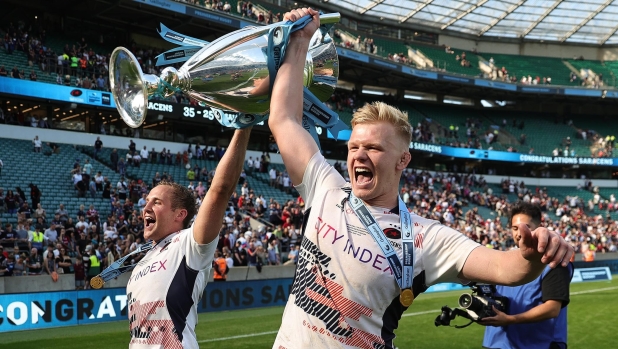 LONDON, ENGLAND - MAY 27:  Hugh Tizard (R) and  Max Malins of Saracens celebrates after their victory during the Gallagher Premiership Final between Saracens and Sale Sharks at Twickenham Stadium on May 27, 2023 in London, England. (Photo by David Rogers/Getty Images)
