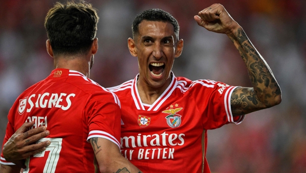 TOPSHOT - Benfica's Argentine forward Angel Di Maria (R) celebrates with his teammate Benfica's Portguese forward Rafa Silva after scoring against Al Nassr during the Algarve Cup football match between Al Nassr and SL Benfica at Algarve stadium in Loule on July 20, 2023. (Photo by Patricia DE MELO MOREIRA / AFP)