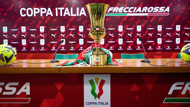 ROMA, ITALY - MAY 23: Coppa Italia Trophy during the press conference to present the Coppa Italia Final Match between ACF Fiorentina and FC Internazionale at Stadio Olimpico on May 23, 2023 in Rome, Italy. (Photo by Mattia Ozbot - Inter/Inter via Getty Images)