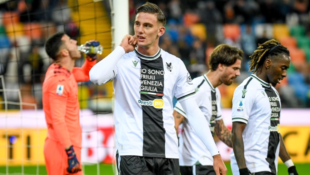 Udinese's Lorenzo Lucca celebrates after scoring a goal during the italian soccer Serie A match between Udinese Calcio vs Hellas Verona FC on december 03, 2023 at the Bluenergy stadium in Udine, Italy