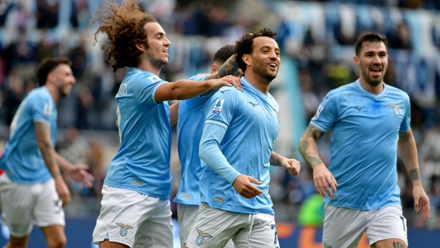 ROME, ITALY - JANUARY 14: Felipe Anderson of SS Lazio celebrates the opening goal with his team mates during the Serie A TIM match between SS Lazio and US Lecce - Serie A TIM  at Stadio Olimpico on January 14, 2024 in Rome, Italy. (Photo by Marco Rosi - SS Lazio/Getty Images)