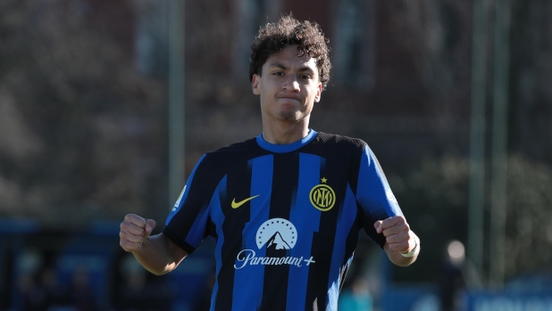 MILAN, ITALY - JANUARY 20: Daniele Quieto of FC Internazionale celebrates after scoring the team's first goalduring the Primavera 1 match between FC Internazionale U19 and Sampdoria U19 at Centro Sportivo Interello Giacinto Facchetti on January 20, 2024 in Milan, Italy. (Photo by Emilio Andreoli - Inter/Inter via Getty Images)