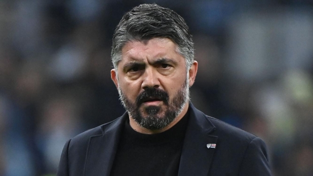 Marseillle's Italian head coach Gennaro Gattuso looks on during warm up ahead of the French L1 football match between Olympique de Marseille (OM) and AS Monaco at the Velodrome stadium in Marseille, on January 27, 2024. (Photo by Sylvain THOMAS / AFP)