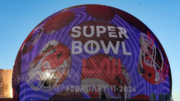 LAS VEGAS, NEVADA - FEBRUARY 08: The Sphere on the Las Vegas Strip is seen displaying Super Bowl LVIII signage ahead of Super Bowl LVIII on February 08, 2024 in Las Vegas, Nevada.   Jamie Squire/Getty Images/AFP (Photo by JAMIE SQUIRE / GETTY IMAGES NORTH AMERICA / Getty Images via AFP)