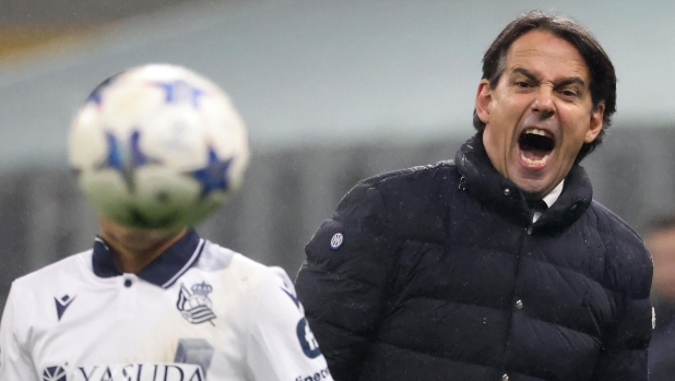 Inter MilanÂ?s coach Simone Inzaghi reacts during he UEFA Champions League group D soccer match between Fc Inter and Real Sociedad  at Giuseppe Meazza stadium in Milan, 12 December 2023. ANSA / MATTEO BAZZI