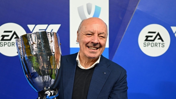 RIYADH, SAUDI ARABIA - JANUARY 22: Giuseppe Marotta poses with the trophy at the end of the Italian EA Sports FC Supercup Final match between SSC Napoli and FC Internazionale at Al-Awwal Stadium on January 22, 2024 in Riyadh, Saudi Arabia. (Photo by Mattia Ozbot - Inter/Inter via Getty Images)