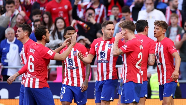 MADRID, SPAIN - FEBRUARY 17: Marcos Llorente of Atletico Madrid celebrates with teammates after scoring his team's first goal during the LaLiga EA Sports match between Atletico Madrid and UD Las Palmas at Civitas Metropolitano Stadium on February 17, 2024 in Madrid, Spain. (Photo by Florencia Tan Jun/Getty Images)