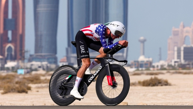 UAE Team Emirates' US cyclist Brandon Mcnulty rides during the second stage of the 6th UAE Cycling Tour from al-Hudayriyat Island to al-Hudayriyat Island on February 20, 2024. (Photo by Giuseppe CACACE / AFP)