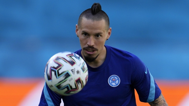 FILE - Slovakia's Marek Hamsik plays with the ball during a training session at the La Cartuja stadium in Seville, Spain, Tuesday, June 22, 2021. Former Slovakia and Napoli captain Marek Ham?ík announced on Thursday, June 1, 2023, he is retiring from soccer at the end of the season.  (AP Photo/Thanassis Stavrakis, File)