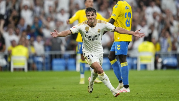 Brahim Diaz attacking midfield of Real Madrid and Spain celebrates after scoring her sides first goal during the LaLiga EA Sports match between Real Madrid CF and UD Las Palmas at Estadio Santiago Bernabeu on September 27, 2023 in Madrid, Spain. (Photo by Jose Breton/Pics Action/NurPhoto) (Photo by Jose Breton / NurPhoto / NurPhoto via AFP)
