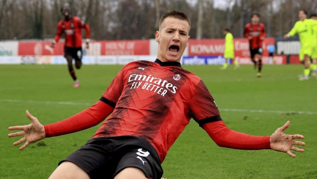 MILAN, ITALY - FEBRUARY 10: Francesco Camarda of AC Milan celebrates after scoring the opening goal during the Primavera 1 match between AC Milan U19 and Sassuolo U19 at Vismara PUMA House of Football on February 10, 2024 in Milan, Italy. (Photo by Giuseppe Cottini/AC Milan via Getty Images)