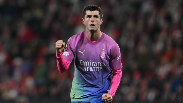 PRAGUE, CZECH REPUBLIC - MARCH 14:  Christian Pulisic of AC Milan celebrates after scoring the goal during the UEFA Europa League 2023/24 round of 16 second leg match between Slavia Praha and AC Milan at Eden Arena on March 14, 2024 in Prague, Czech Republic. (Photo by Claudio Villa/AC Milan via Getty Images)