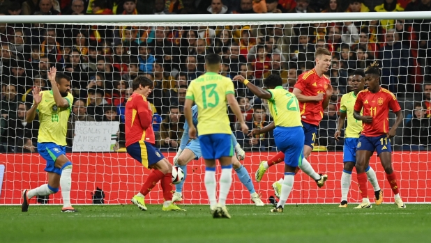 MADRID, SPAIN - MARCH 26: Endrick of Brazil scores his team's second goal during the friendly match between Spain and Brazil at Estadio Santiago Bernabeu on March 26, 2024 in Madrid, Spain. (Photo by Denis Doyle/Getty Images)