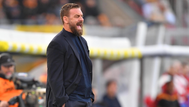 AS Roma's head coach Daniele De Rossi gestures-reacts during the Serie A TIM soccer match between US Lecce and AS Roma at the Via del Mare Stadium in Lecce, Italy, Monday, April 1, 2024. (Credit Image: © Giovanni Evangelista/LaPresse)
