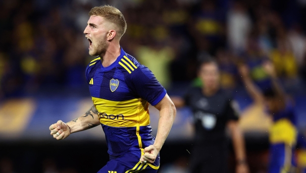 Boca Juniors' defender Nicolas Valentini celebrates after scoring his team's fourth goal during the Argentine Professional Football League Cup 2024 match between Boca Juniors and Racing Club at La Bombonera stadium in Buenos Aires on March 10, 2024. (Photo by ALEJANDRO PAGNI / AFP)