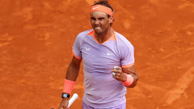 MADRID, SPAIN - APRIL 29: Rafael Nadal of Spain celebrates winning a point against Pedro Cachin of Argentina in their Men's Round of 32 match during day seven of the Mutua Madrid Open at La Caja Magica on April 29, 2024 in Madrid, Spain. (Photo by Clive Brunskill/Getty Images)
