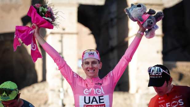 Slovenian rider Tadej Pogacar of Uae Team Emirates celebrates with the trophy after winning of the Giro d'Italia 2024 cycling tour, in Rome, Italy, 25 May 2024