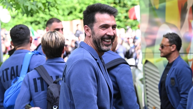 Italian national team delegation head Gianluigi Buffon reacts upon arrival at the team hotel VierJahreszeiten in Iserlohn, Germany, 11 June 2024. ANSA/DANIEL DAL ZENNARO