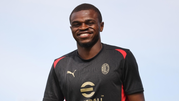 CAIRATE, ITALY - JULY 24:  Pierre Kalulu in action during an AC Milan Training Session at Milanello on July 24, 2024 in Cairate, Italy. (Photo by Vincenzo Lombardo/AC Milan via Getty Images)