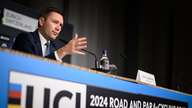 UCI President David Lappartient delivers a press conference during the UCI 2024 Cycling Road World Championships, in Zurich, on September 28, 2024, a day after the death of Swiss teenage cyclist Muriel Furrer following a head injury during the UCI 2024 Road World Championships. Swiss teenage cyclist Muriel Furrer died on September 27, 2024, a day after suffering a serious head injury in a crash during the women's junior road race at the world championships. (Photo by Fabrice COFFRINI / AFP)