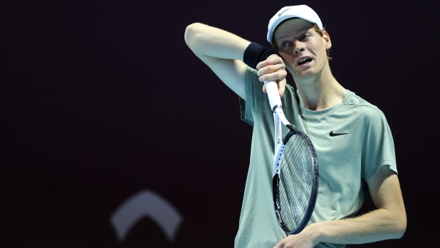 RIYADH, SAUDI ARABIA - OCTOBER 17:  Jannik Sinner of Italy looks on in his Semi Final match against Novak Djokovic of Serbia during day two of the Six Kings Slam 2024 at Kingdom Arena on October 17, 2024 in Riyadh, Saudi Arabia. (Photo by Richard Pelham/Getty Images)