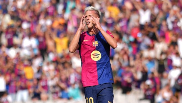 BARCELONA, SPAIN - AUGUST 31: Dani Olmo of FC Barcelona reacts after his goal is disallowed during the La Liga match between FC Barcelona and Real Valladolid CF at Camp Nou on August 31, 2024 in Barcelona, Spain. (Photo by Alex Caparros/Getty Images)