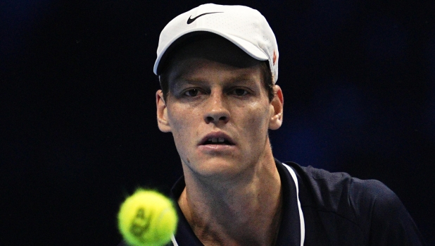 Italy's Jannik Sinner  react during the singles final tennis match of the ATP World Tour Finals against United States Taylor Fritz  at the Inalpi Arena in Turin, Italy - Sport - Sunday, November 17, 2024. (Photo by Marco Alpozzi/Lapresse)