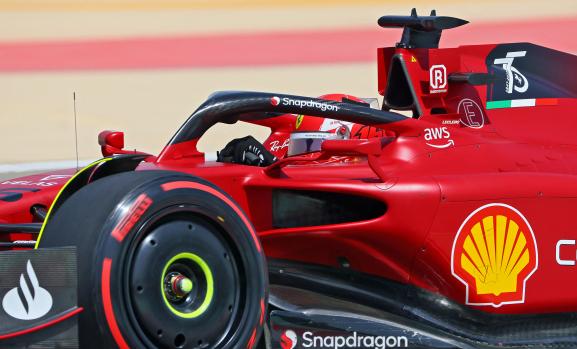 Ferrari's Monegasque driver Charles Leclerc drives during the first day of Formula One (F1) pre-season testing at the Bahrain International Circuit in the city of Sakhir on March 12, 2021. (Photo by Giuseppe CACACE / AFP)