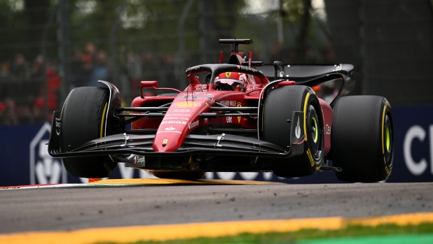 IMOLA, ITALY - APRIL 24: Charles Leclerc of Monaco driving (16) the Ferrari F1-75 with both front wheels in the air during the F1 Grand Prix of Emilia Romagna at Autodromo Enzo e Dino Ferrari on April 24, 2022 in Imola, Italy. (Photo by Clive Mason/Getty Images)