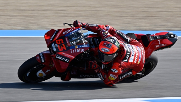Ducati Italian rider Francesco Bagnaia rides during the third practice session of the MotoGP Spanish Grand Prix at the Jerez racetrack in Jerez de la Frontera on April 30, 2022. (Photo by JAVIER SORIANO / AFP)