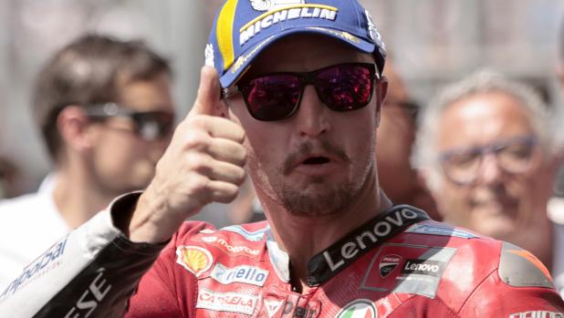 Second placed Australian rider Jack Miller of the Ducati Lenovo Team celebrates after the MotoGP race of the French Motorcycle Grand Prix at the Le Mans racetrack, in Le Mans, France, Sunday, May 15, 2022. (AP Photo/Jeremias Gonzalez)
