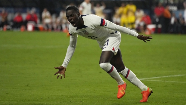 Timothy Weah of the United States celebrates after scoring against Mexico during the second half of a CONCACAF Nations League semifinals soccer match Thursday, June 15, 2023, in Las Vegas. (AP Photo/John Locher)