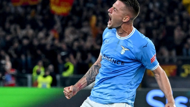 SS Lazio's Sergej Milinkovic-Savic celebrates after scoring the 2-2 goal during the Italian Serie A soccer match between SS Lazio and US Lecce at the Olimpico stadium in Rome, Italy, 12 May 2023.  ANSA/ETTORE FERRARI