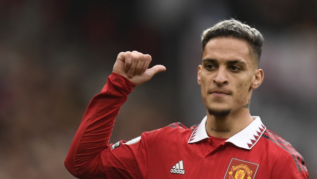 Manchester United's Brazilian midfielder Antony reacts during the English Premier League football match between Manchester United and Aston Villa at Old Trafford in Manchester, north west England, on April 30, 2023. (Photo by Oli SCARFF / AFP) / RESTRICTED TO EDITORIAL USE. No use with unauthorized audio, video, data, fixture lists, club/league logos or 'live' services. Online in-match use limited to 120 images. An additional 40 images may be used in extra time. No video emulation. Social media in-match use limited to 120 images. An additional 40 images may be used in extra time. No use in betting publications, games or single club/league/player publications. /