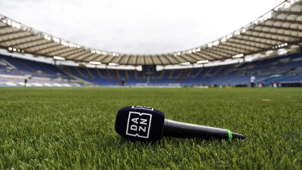 The picture shows a microphone of broadcaster DAZN during the Italian championship Serie A football match between SS Lazio and AC Spezia on April 3, 2021 at Stadio Olimpico in Rome, Italy - Photo Federico Proietti / DPPI (Photo by Federico Proietti / Federico Proietti / DPPI via AFP)