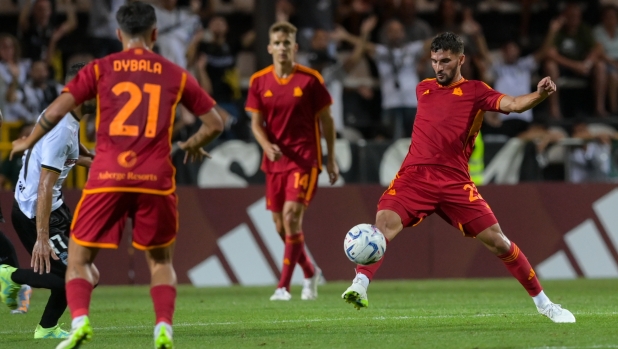 FARO, PORTUGAL - AUGUST 02: Houssem Aouar of AS Roma in action during the pre-season friendly match between SC Farense and AS Roma at Estadio de Sao Luis on August 02, 2023 in Faro, Portugal. (Photo by Fabio Rossi/AS Roma via Getty Images)
