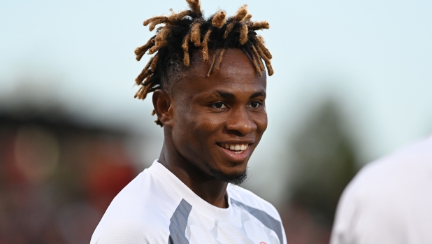 MONZA, ITALY - AUGUST 08:  Samuel Chukwueze of AC Milan warms up ahead of the Trofeo Silvio Berlusconi match between AC Monza and AC Milan at U-Power Stadium on August 08, 2023 in Monza, Italy. (Photo by Claudio Villa/AC Milan via Getty Images)
