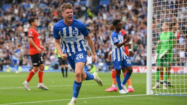 BRIGHTON, ENGLAND - AUGUST 12: Evan Ferguson of Brighton & Hove Albion celebrates after scoring the team's fourth goal during the Premier League match between Brighton & Hove Albion and Luton Town at American Express Community Stadium on August 12, 2023 in Brighton, England. (Photo by Mike Hewitt/Getty Images)