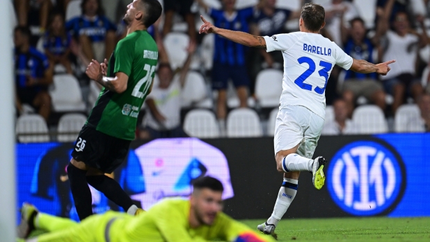 FERRARA, ITALY - AUGUST 13:  Nicolo Barella of FC Internazionale celebrates after scoring the goal during the Pre- Season Friendly match between FC Internazionale and KF Egnatia at Stadio Paolo Mazza on August 13, 2023 in Ferrara, Italy. (Photo by Mattia Ozbot - Inter/Inter via Getty Images)